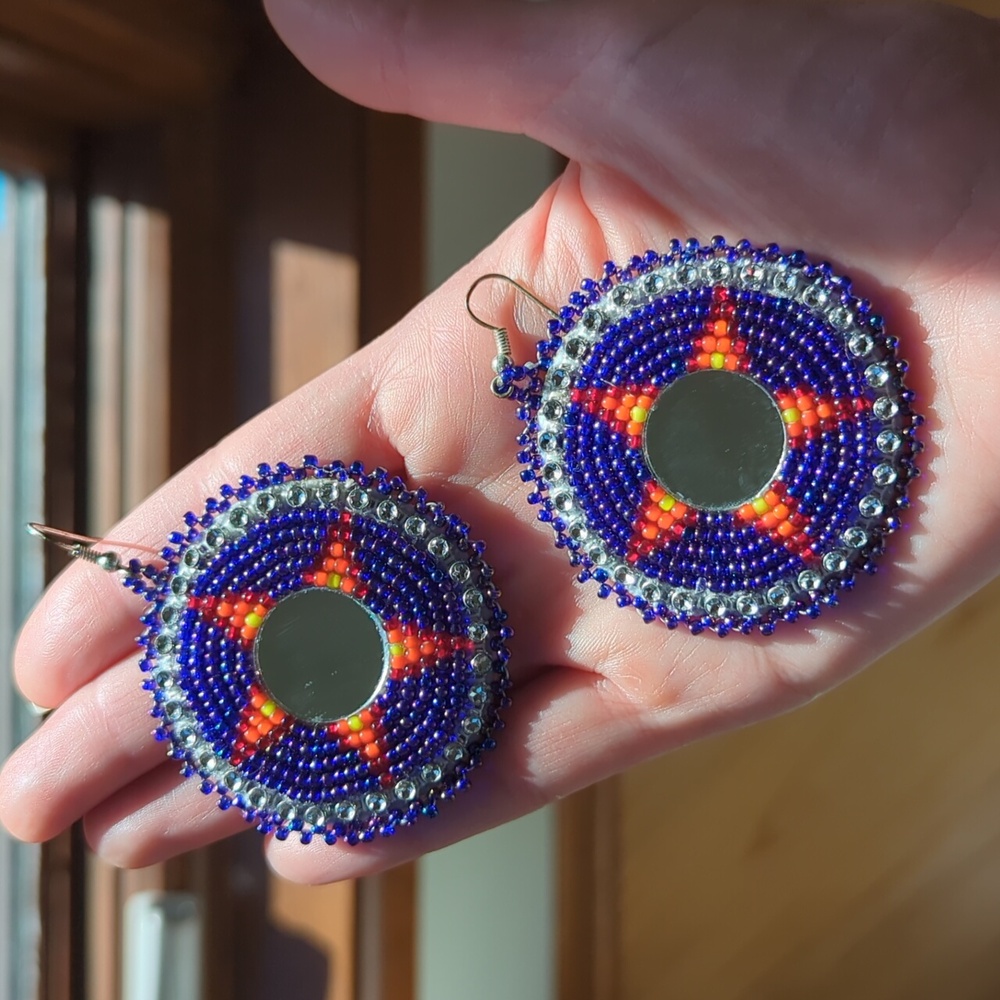 Signed Bohemian Seneca Native American Beaded Pierced Earrings Colorful Tribal